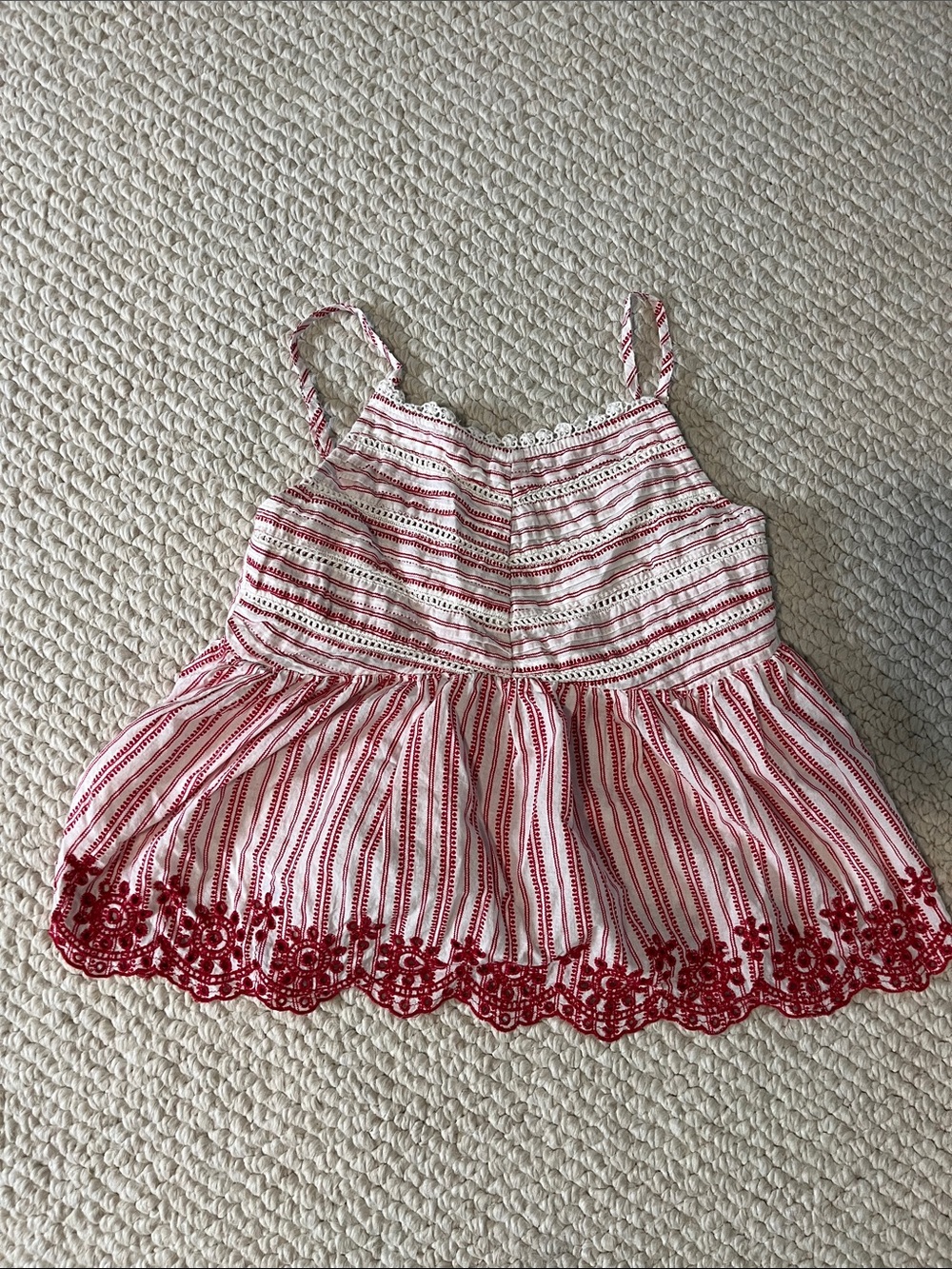 Red & White Striped Embroidered Cropped Tank Top